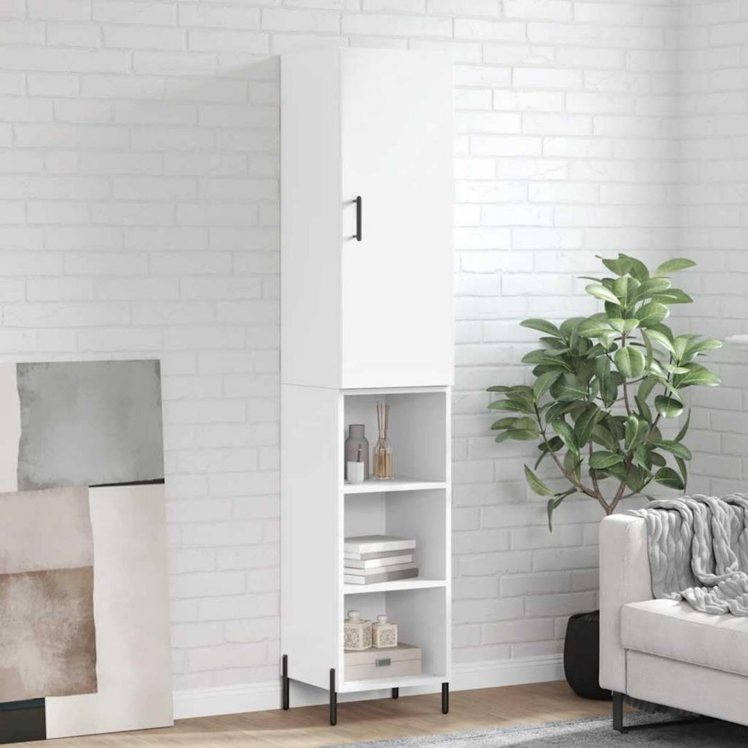 Hochschrank aus Holzwerkstoff und Metall in Weiss