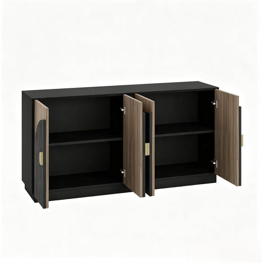 Das Sideboard zeigt verstellbare Ablagen in Schwarz