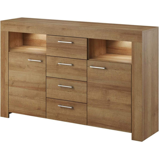 LED Beleuchtung ergaenzt das Sideboard in Eichenbraun