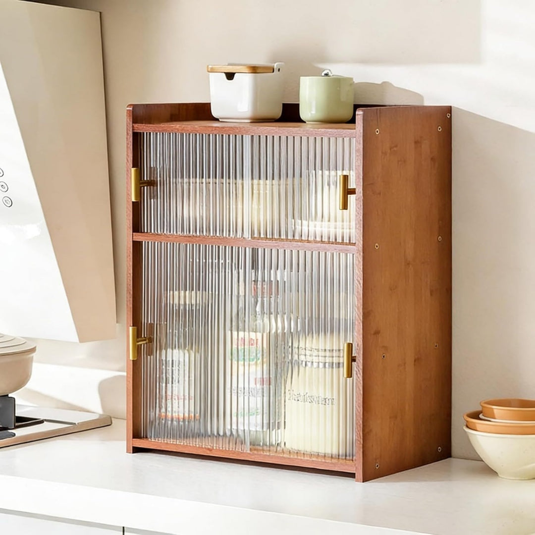 Sideboard mit Bambuselementen, Schiebetueren und geschlossenem Stauraum