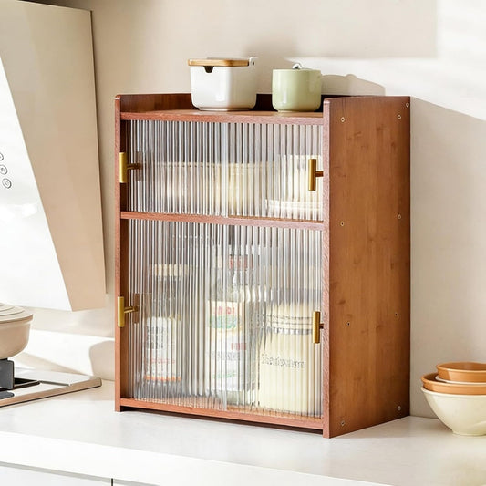 Sideboard mit Bambuselementen, Schiebetueren und geschlossenem Stauraum