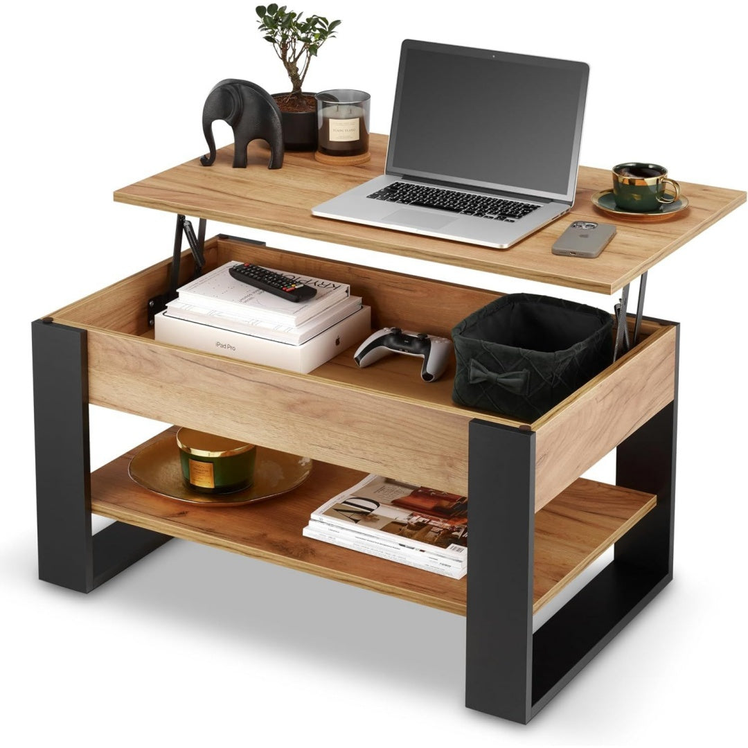 Anhebbare Tischplatte schafft einen Platz fuer Arbeit und Ablage