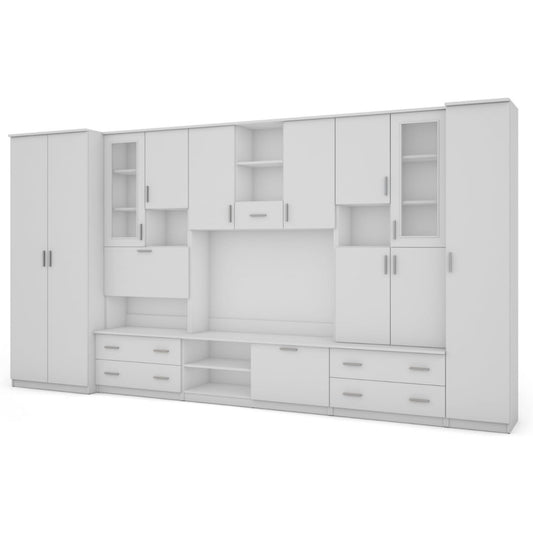 Die Wohnwand misst 210 x 53 cm in Weiss