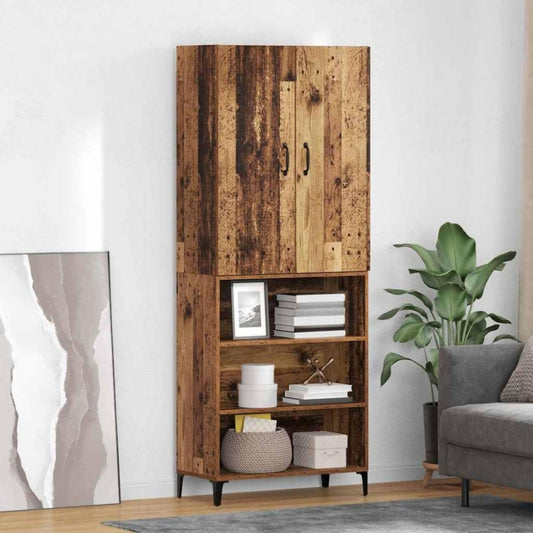 Ein Metallgestell praegt den Hochschrank in Naturbraun
